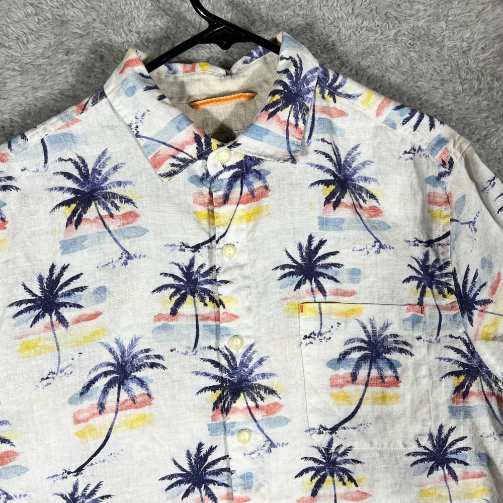 Tommy Bahama Mens Palm Tree Sunset Print Linen Blend Button Down Shirt White L